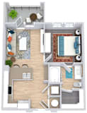 a floor plan that includes a bedroom with an attached bathroom and walk in closet, a kitchen with an "L" shaped counter with barstool seating, a living area, and an outdoor patio/balcony space