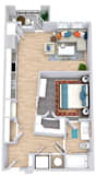 a floor plan that includes a bedroom with an attached bathroom and walk in closet, a kitchen, a living area, and an outdoor patio/balcony space