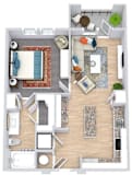 a floor plan that includes a bedroom with an attached bathroom and walk in closet, a kitchen with an island, a living area, and an outdoor patio/balcony space