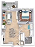 a floor plan that includes a bedroom with an attached bathroom and walk in closet, a kitchen with an island, a living area, and an outdoor patio/balcony space