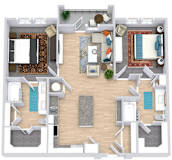 a floor plan that includes two bedrooms both with attached bathrooms and walk in closets, a kitchen with an island, a living area, and an outdoor patio/balcony space