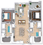 a floor plan that includes two bedrooms both with attached bathrooms and walk in closets, a kitchen with an island, a living area, and an outdoor patio/balcony space