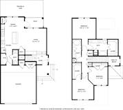 A floor plan of a house with two bedrooms, a living room, a kitchen, a bathroom, a dining area, a pantry, a cloakroom, and a garage.