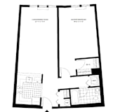A black and white image of a floor plan for a living and dining room and a master bedroom.