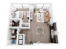 A top-down view of a modern, minimalist apartment with a kitchen, living room, and bathroom.