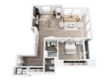 A top-down view of a modern apartment layout with a living room, kitchen, dining area, and bedrooms.