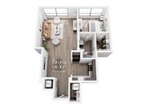 A top-down view of a modern apartment layout.