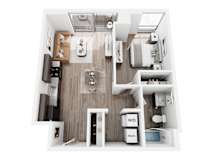 A top down view of a small apartment with a kitchen, living room, and bathroom.