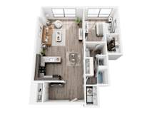 A top-down view of a modern, well-organized kitchen and living room.