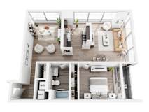 A top-down view of a modern apartment layout with labeled sections for kitchen, living room, and bathroom.