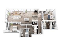 A top-down view of a modern, well-organized apartment layout.