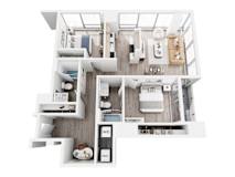 A top-down view of a modern apartment layout.