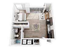 A top down view of a small apartment with a kitchen, living room, and bathroom.