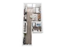 A top down view of a small apartment with a kitchen, living room, and bathroom.