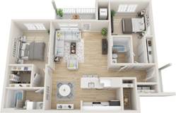 A 3D floor plan of a house with a living room, kitchen, and two bedrooms.