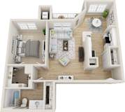 A 3D floor plan of a house with a living room, kitchen, and bathroom.
