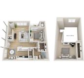 Two images of a small apartment layout with a living room, kitchen, and bedroom.