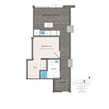 A floor plan of a small apartment with a kitchen, living room, bedroom, bathroom, and foyer.