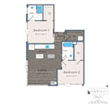 A floor plan of a two bedroom apartment with a living room in between.