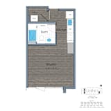 A floor plan of a studio apartment with a bath, kitchen, and studio space.