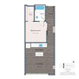 A floor plan of a one bedroom apartment with a living room, kitchen and bathroom.
