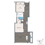 A floor plan of a house with a den, bath, bedroom, and kitchen.
