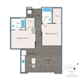 A floor plan of a small apartment with two bedrooms, a living room, and a kitchen.
