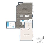 A floor plan of a living space with a kitchen, bathroom, and bedroom.