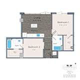 A floor plan of a small apartment with two bedrooms, a living room, a kitchen, and a foyer.