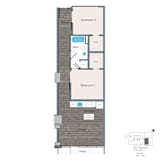 A floor plan of a house with two bedrooms, a kitchen, a bathroom, and a living room.