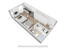 A 3D rendered image of a modern studio apartment layout.