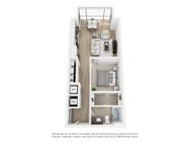 A rendering of a small apartment with a kitchen, living room, and bathroom.