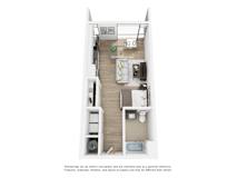 A floor plan of a small apartment with a kitchen, living room, and bathroom.