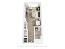 A white room with a bed, a desk, a chair, a couch, a potted plant, and a rug.