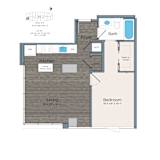 A floor plan of a small apartment with a living room, kitchen, bathroom, and bedroom.