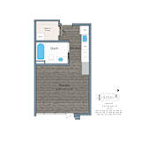 A floor plan of a studio apartment with a bath, kitchen, and walk-in closet.