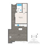 A floor plan of a one bedroom apartment with a living room, kitchen, bath, and foyer.