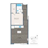 A floor plan of a small apartment with a bedroom, a kitchen, and a living room.