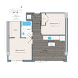 A floor plan of a small apartment with two bedrooms, a living room, a kitchen, and a foyer.