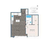 A floor plan of a house with a living room, kitchen, bathroom and bedroom.