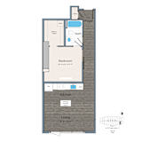 A floor plan of a small apartment with a bedroom, bathroom, kitchen, and living room.