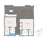 A floor plan of a living space with two bedrooms, a bathroom, and a foyer.