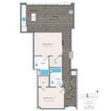 A floor plan of a house with a kitchen, living room, and two bedrooms.