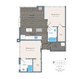 A floor plan of a two bedroom apartment with a living room, kitchen, and bathroom.