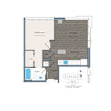 A floor plan of a small apartment with a bedroom, living room, kitchen, bathroom, and foyer.