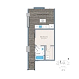 1-bedrom 1 bathroom floorplan at Lex at Waterfront Station at the Southwest Waterfront with plank flooring, walk-in closet, in-home washer and dryer and moveable kitchen island.