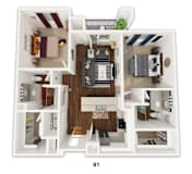 Two bedroom two bathroom 3D floor plan at Emilia Apartments, Boerne, TX