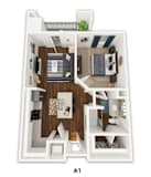 One bedroom apartment 3D floor plan at Emilia Apartments, Texas