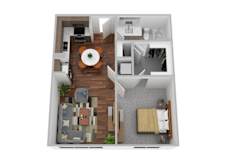 One bedroom apartment 3D floor plan layout at Lofts on Main Apartments, San Antonio