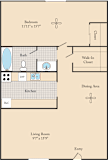 A floor plan of an apartment home with a living area, dining area, kitchen, one bedroom with a walk-in closet and one bathroom.
